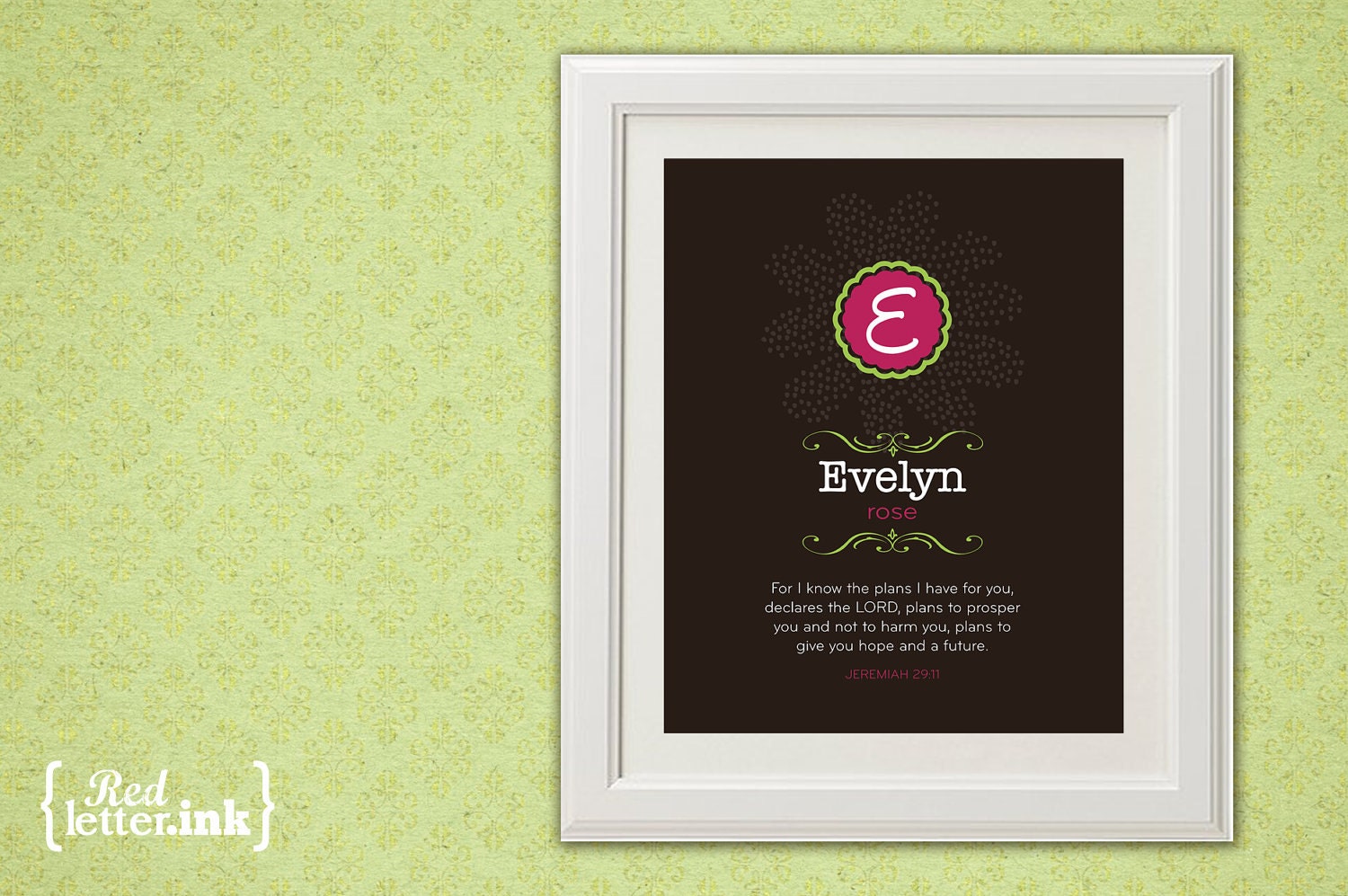 Girl Monogram Print (brown, pink and lime green with floral embellishment)  Jeremiah 29:11 - 8 x 10 Print