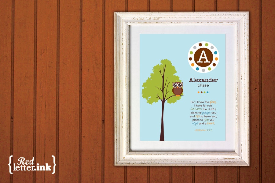 Boy Monogram Print (blue, green, orange, brown with owl in a tree)  Jeremiah 29:11 - 8 x 10 Print