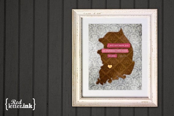 Adoption Wall Print - South Korea (brown, yellow, pink, gray) John 14:18 - 8 x 10 Print