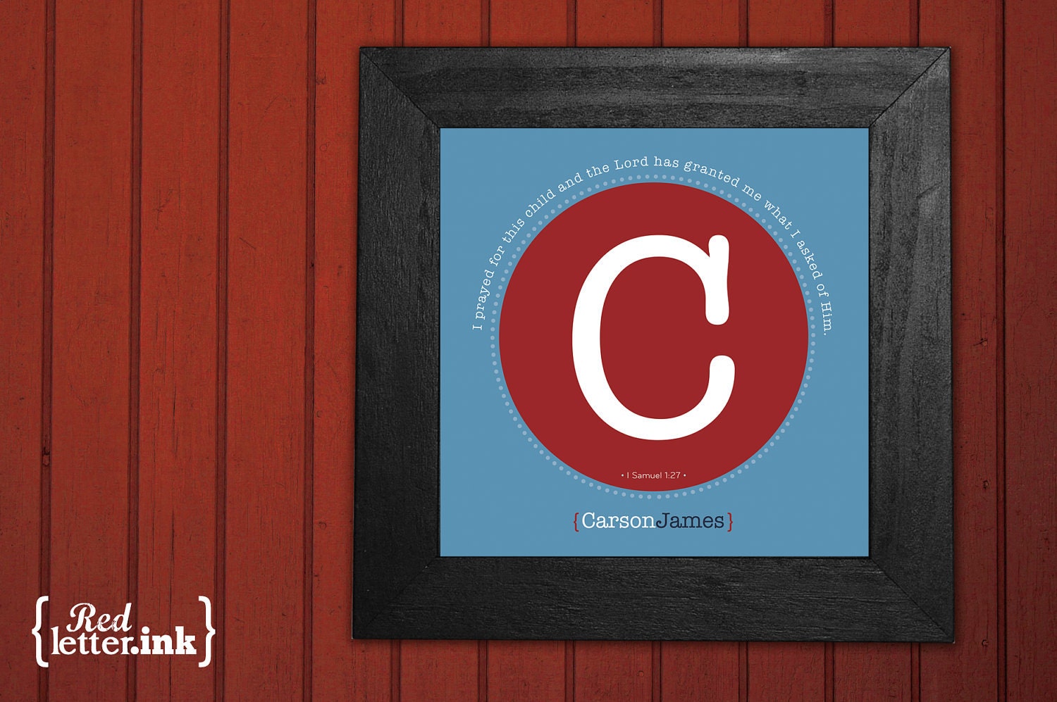 Boy Monogram Print (red, blue, navy, white with circle design)  I Samuel 1:27 - 8 x 8 Print