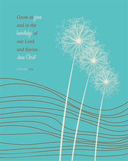 Wall Art - Grow In Grace (brown and turquoise with dandelion design) 2 Peter 3:18 - 5 x 7 Print