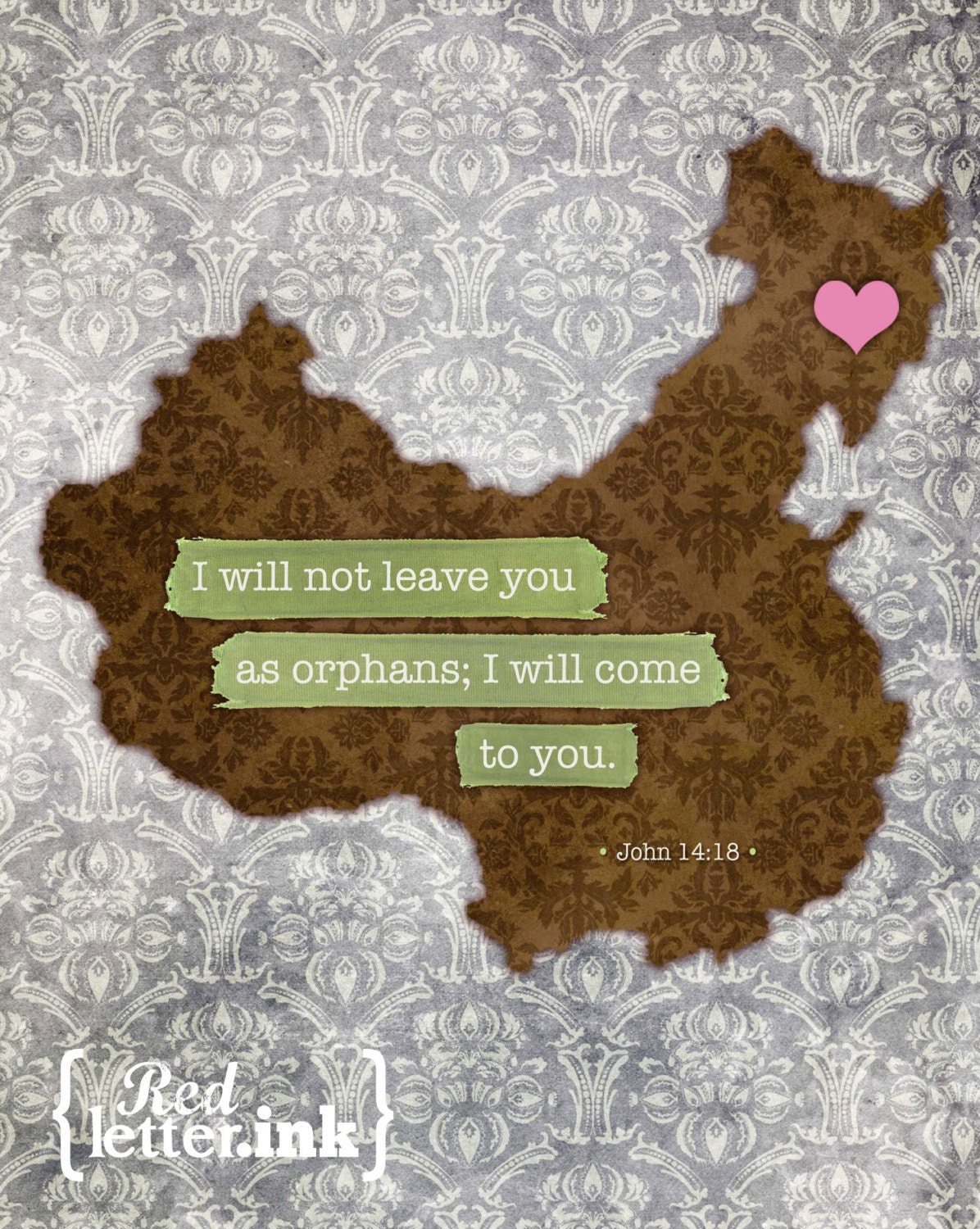 Adoption Wall Print - China (pink/blue/green, gray)  John 14:18 - 8 x 10 Print