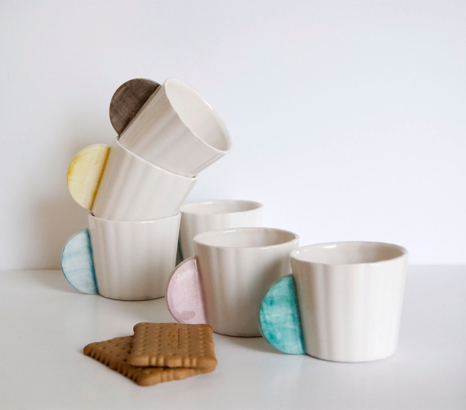Ceramic Coffee Cups Set of 6 in different colors: pink, mint, gray, yellow, black and blue