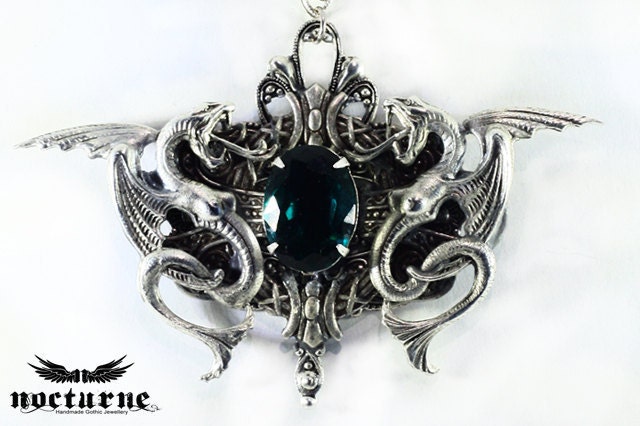 Steampunk Necklace - Slytherin Inspired - Silver Plated Gothic Necklace with Gem Stone - Gothic, Steampunk Jewelry