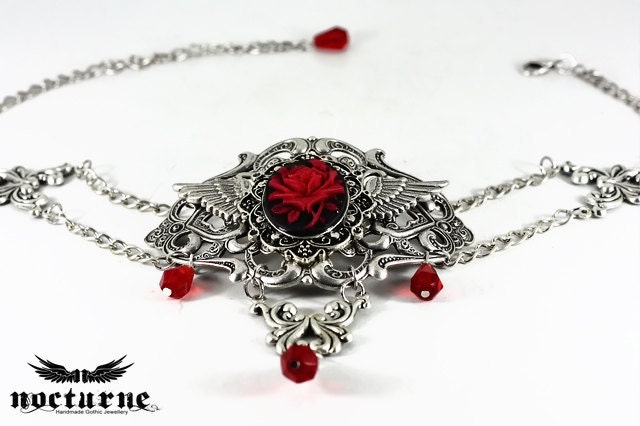 Silver Gothic Choker Necklace - Black and Red Cameo - Statement Necklace - Victorian Gothic Jewelry