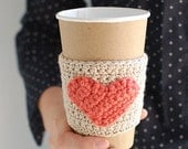 Natural coffee cup cozy with Coral heart by The Cozy Project