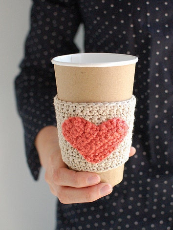 Natural coffee cup cozy with Coral heart by The Cozy Project