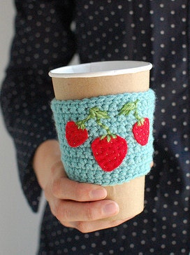 Coffee cozy,  Aqua  with Strawberries SPRINGPDX by The Cozy Project