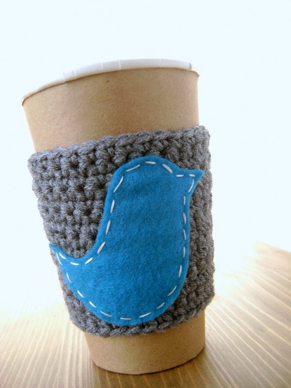 Coffee sleeve, gray with blue bird by The Cozy Project