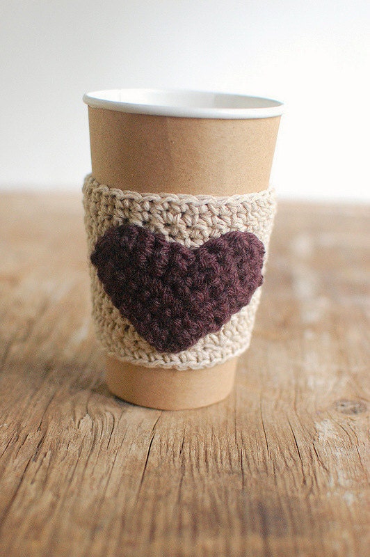 Heart Coffee sleeve cup cozy Beer Koozie natural with brown by The Cozy Project