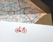 A6 engraved bicycle note cards with vintage road maps - Red