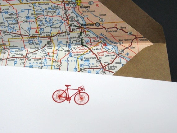 A6 engraved bicycle note cards with vintage road maps - Red