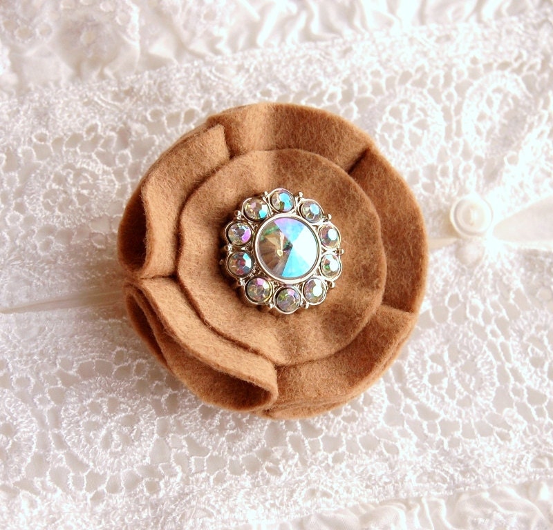 Rhinestone Rosette Brooch - Purse or Lapel Pin - Latte, Iridescent Jewel
