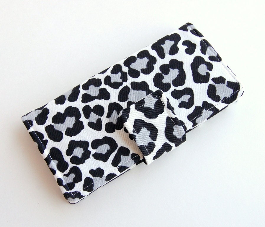Custom Leopard Bifold Wallet - Choose Your Accent Fabric - Smart Phone Clutch - White Snow Leopard - Wristlet Option