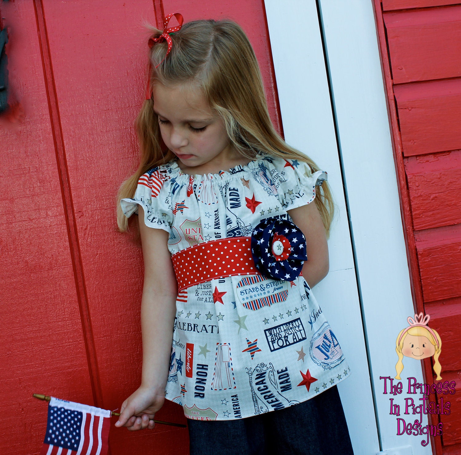 She Loves a Parade- Girls Peasant Style Top with Matching Cropped Ruffle Jeans............The Princess in Pigtails Designs