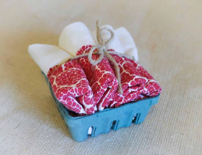 Set of Four Raspberry Basket Flour Sack Napkins