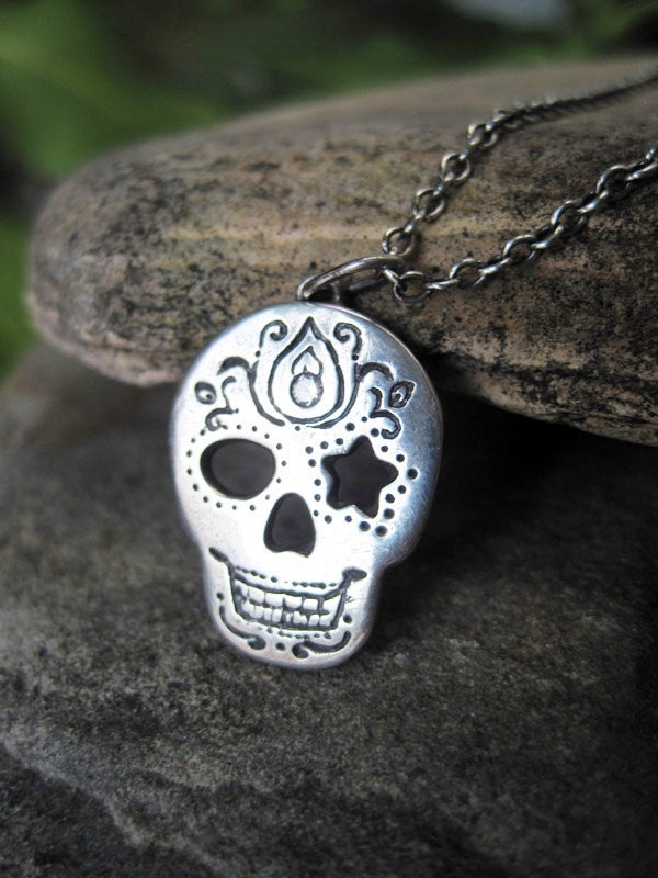 Dia de los Muertos Mexican Sugar Skull Pendant,  Fine Silver
