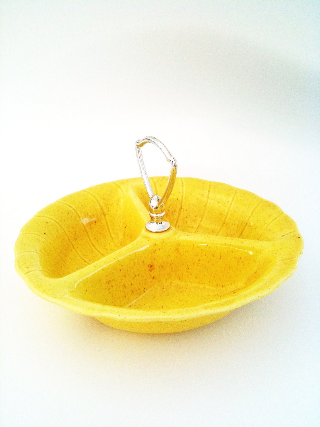 Vintage Yellow 1960 Divided Snack Dish with Center Handle by Lane & Co.