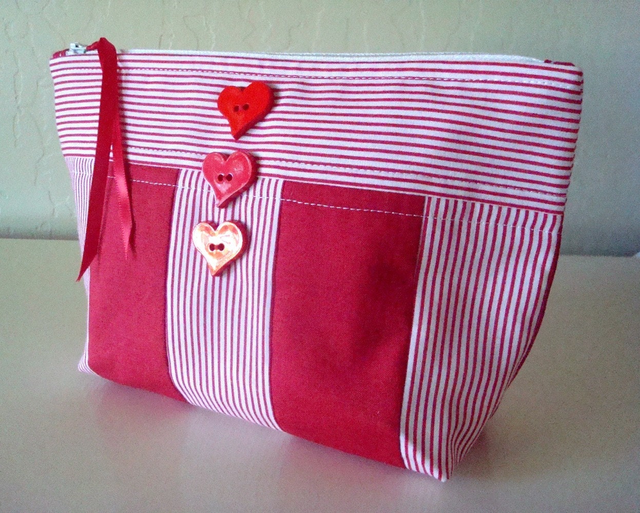 SALE - Honeymoon Cosmetic Bag - Red and White Stripes with Heart Buttons - Valentine's Day, Wedding, honeymoon, anniversary, love