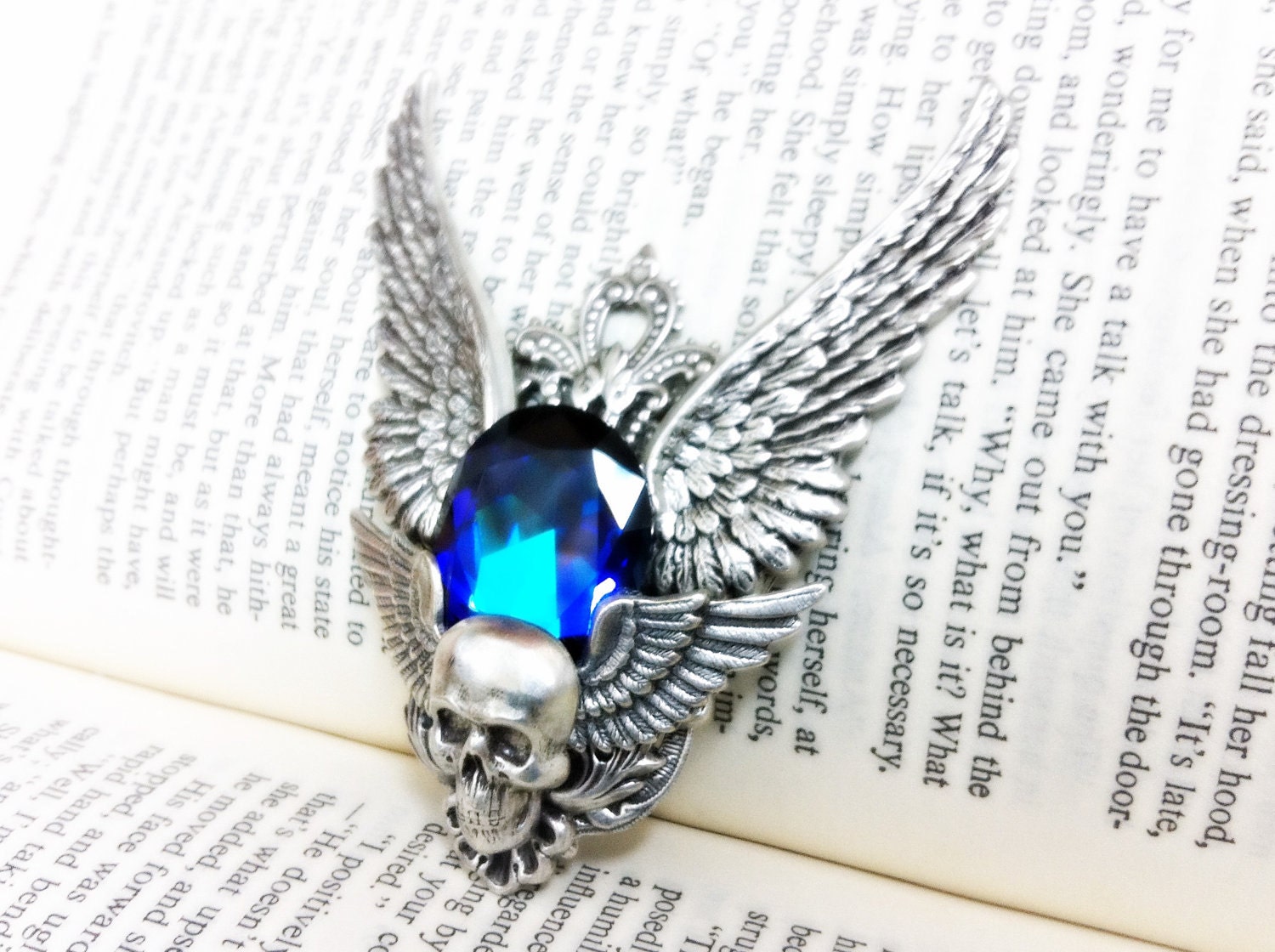 Nephthys - (Silver/Blue) Aged silver plated brass filigree pendant  - Fantasy mythology jewelry Vintage victorian steampunk gothic style