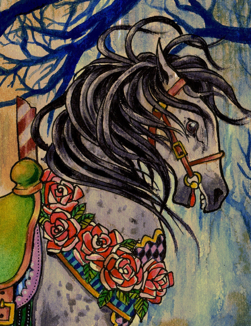 A3 Wild at Heart, Victorian Carousel Carnival Circus Horse in Forest - cardstock art print