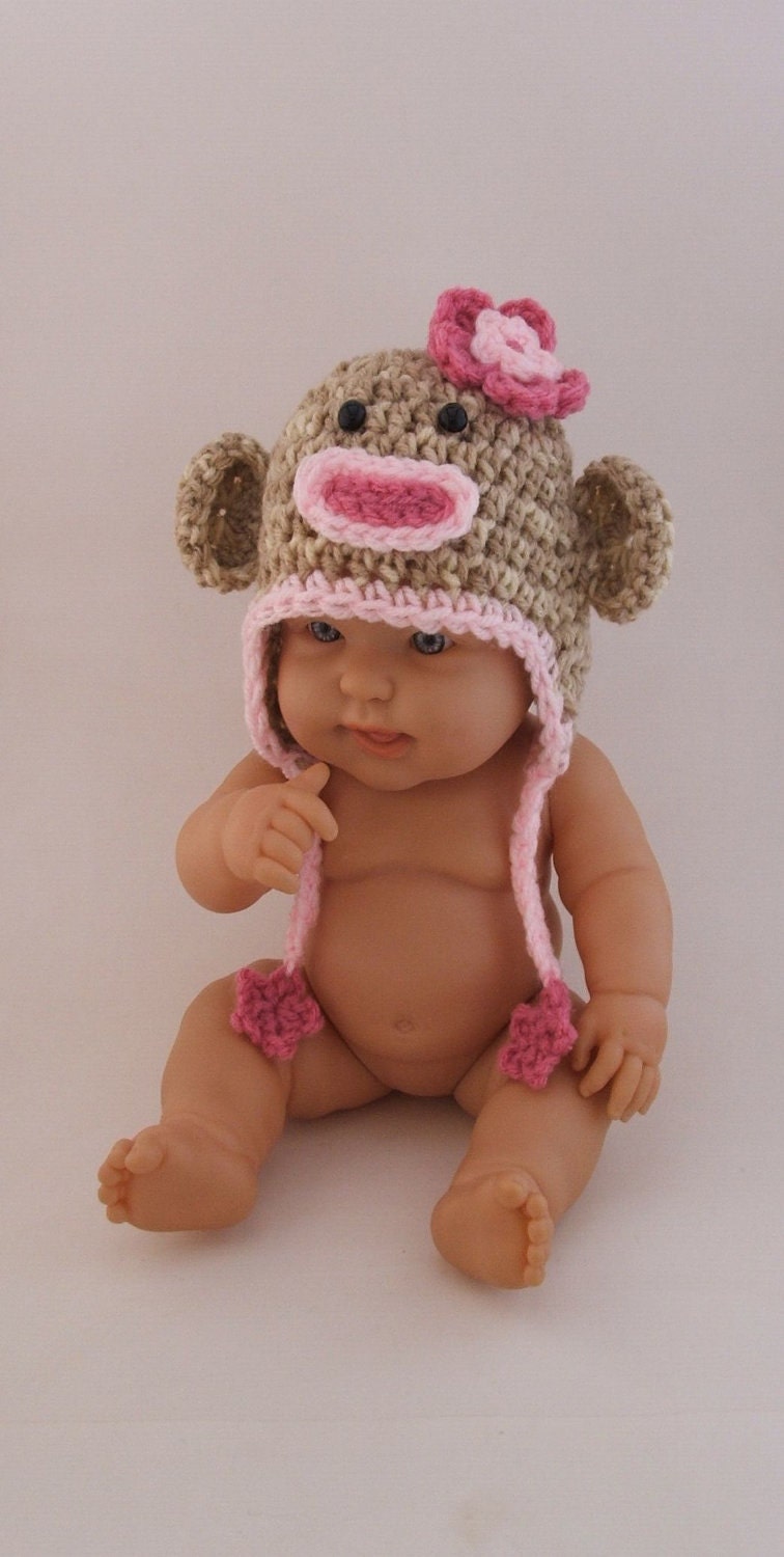 Newborn Sock Monkey Hat w/ Pink Flowers