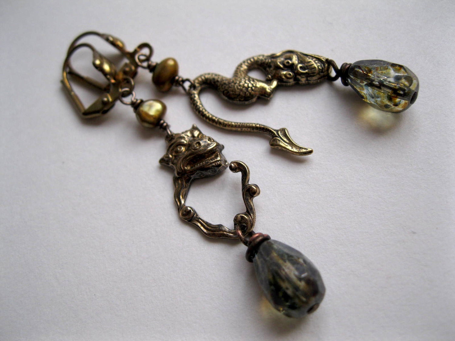 Steampunk Gargoyle Earrings, Brass and Freshwater Pearls. Gothic Oddity
