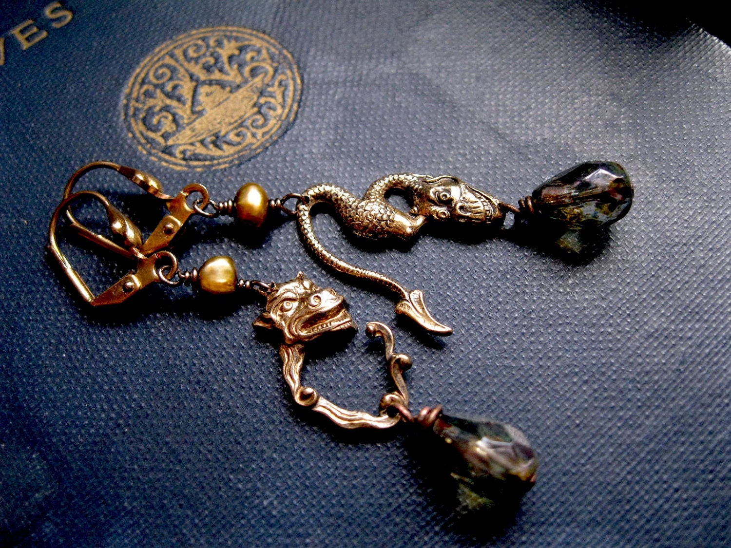 Steampunk Gargoyle Earrings, Brass and Freshwater Pearls. Gothic Oddity