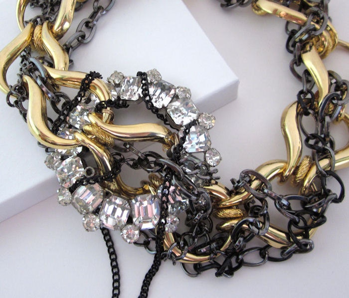 Glam Fashion Oversize Chain Statement Jewelry Necklace - Chunky Rhinestone, Gold Silver Black Metal Upcycled OOAK by JryenDesigns