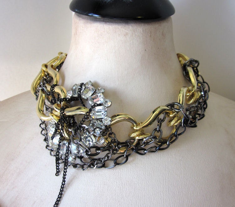 Glam Fashion Oversize Chain Statement Jewelry Necklace - Chunky Rhinestone, Gold Silver Black Metal Upcycled OOAK by JryenDesigns