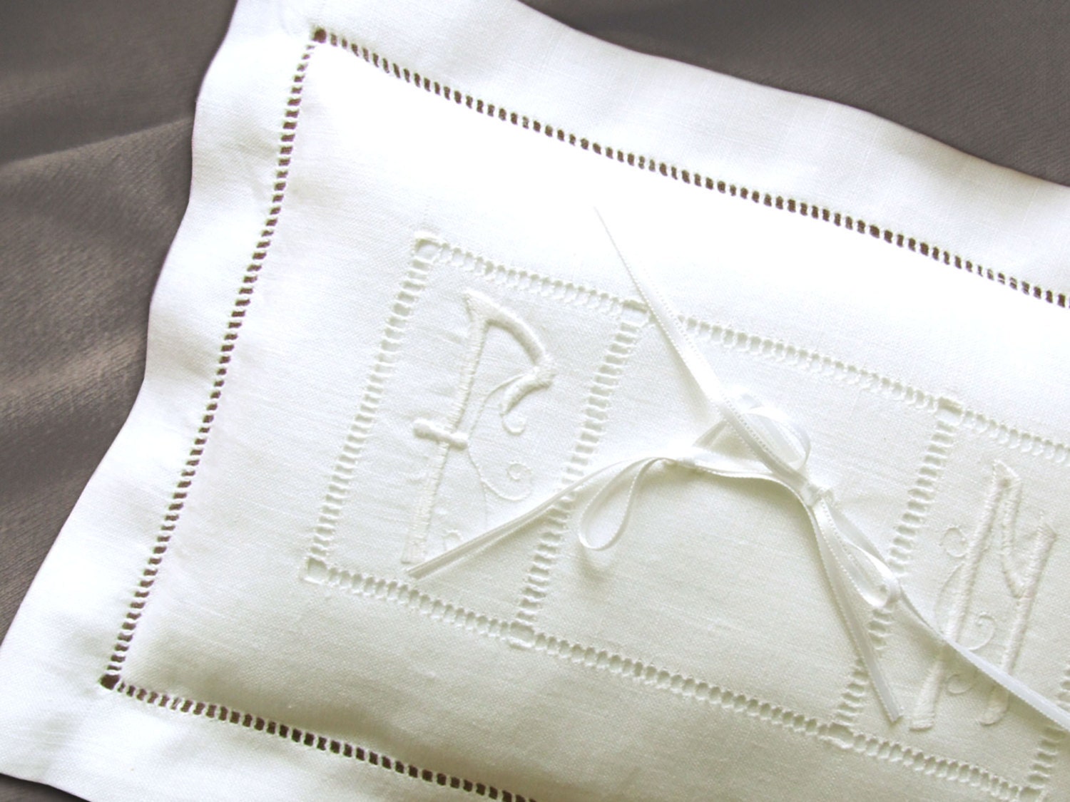 Personalized Wedding Pillow Hand embroidered initials linen Art Nouveau monogrammed