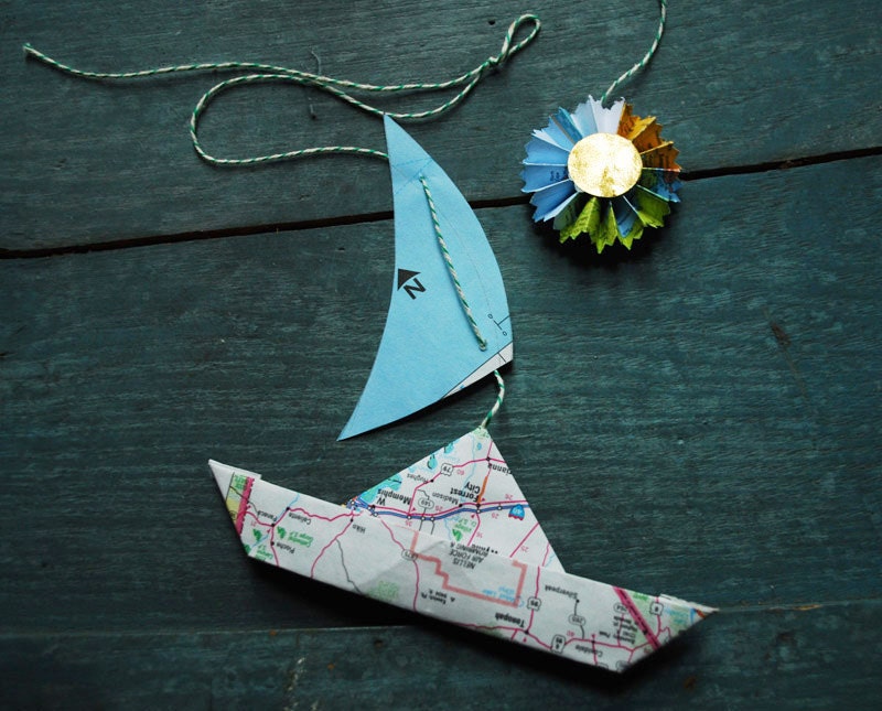Map Paper Boat with Sun or Star Rosette, Sailor Decor,  Father's Day Gift, Ornaments