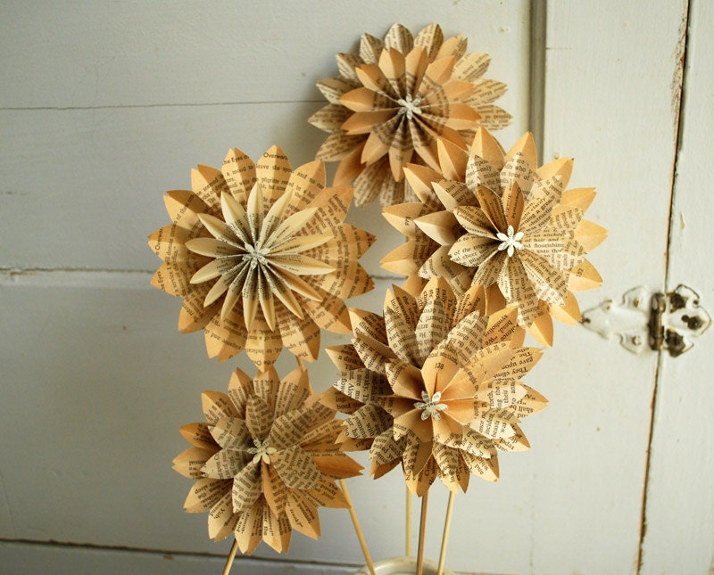 Paper Flowers, Recycled Books, Summer Birthday, Book Blossom, Book Pages, First Anniversary, Paper Dahlias, 5 Origami Flowers on a stems