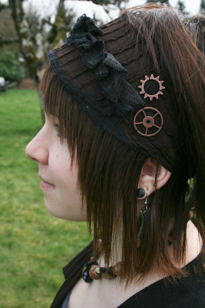 Roustabout - headband dread wrap handmade Steampunk bellydance gears flower
