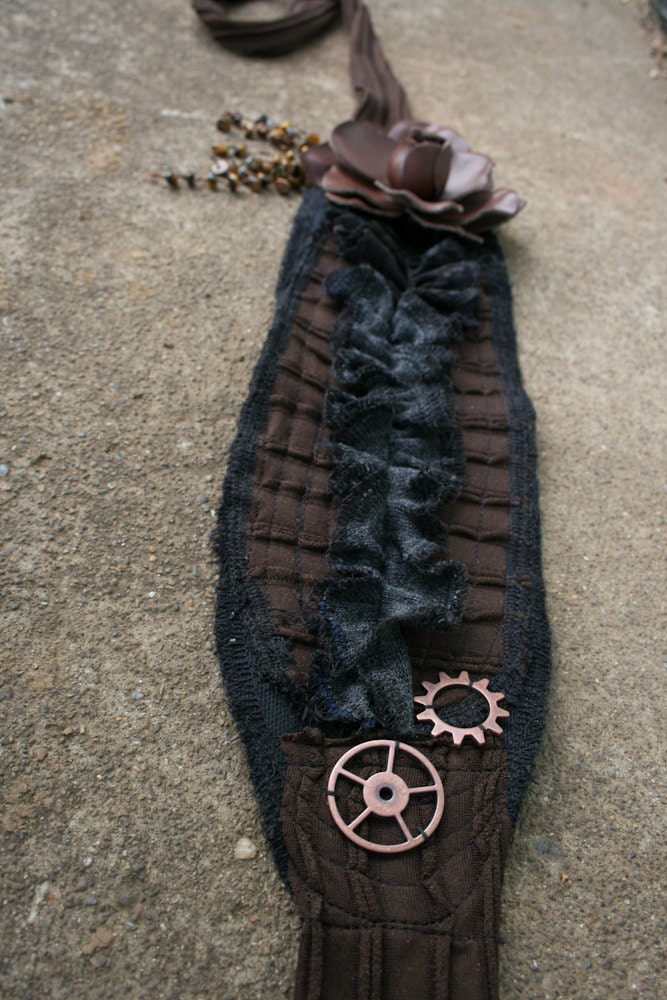 Roustabout - headband dread wrap handmade Steampunk bellydance gears flower