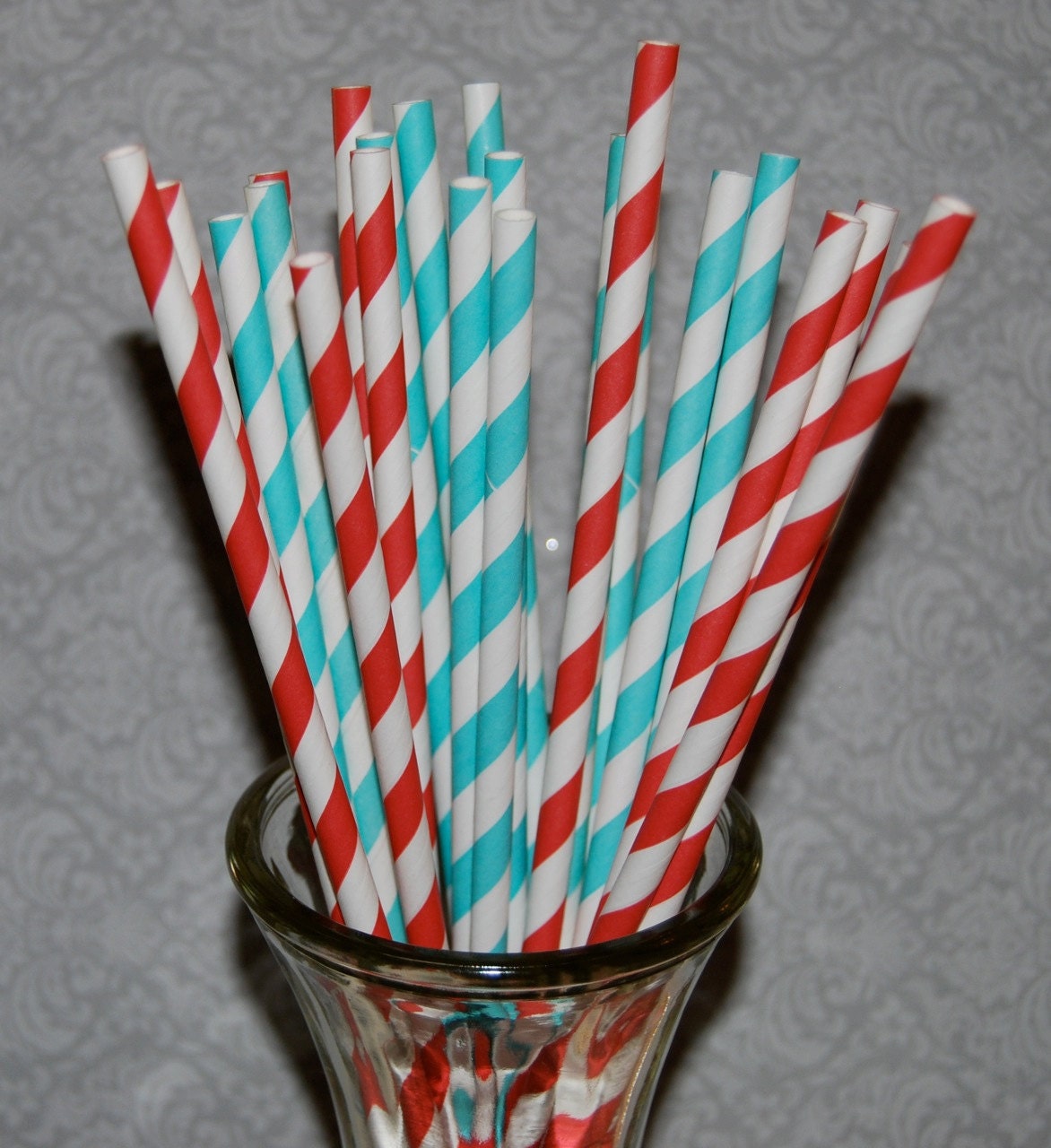 50  long soda bottle  Aqua and Red mixed striped paper drinking straws - with FREE Blank Flags.  See also - "custom" flags option.