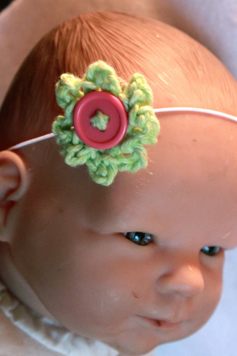 SPRING  skinny newborn girl headband with crocheted flower