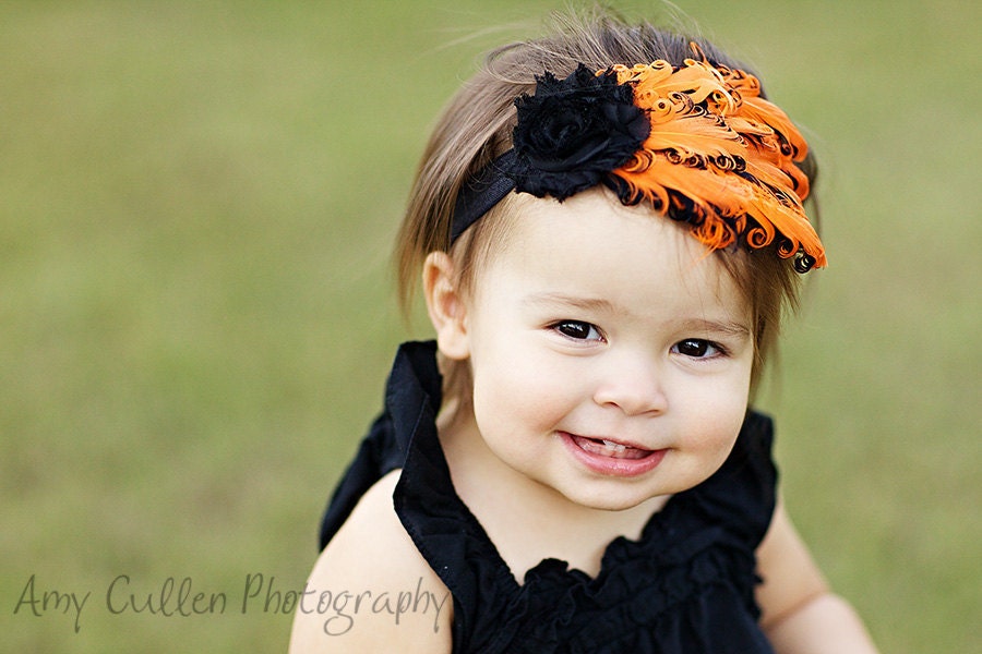 SALE --- Orange & Black HALLOWEEN Feather Infant Toddler Girls Headband