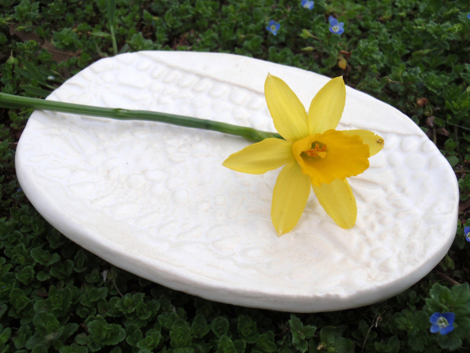 LAST ONE - Small White Oval Trinket Dish with Lace Accent - Frosting Series