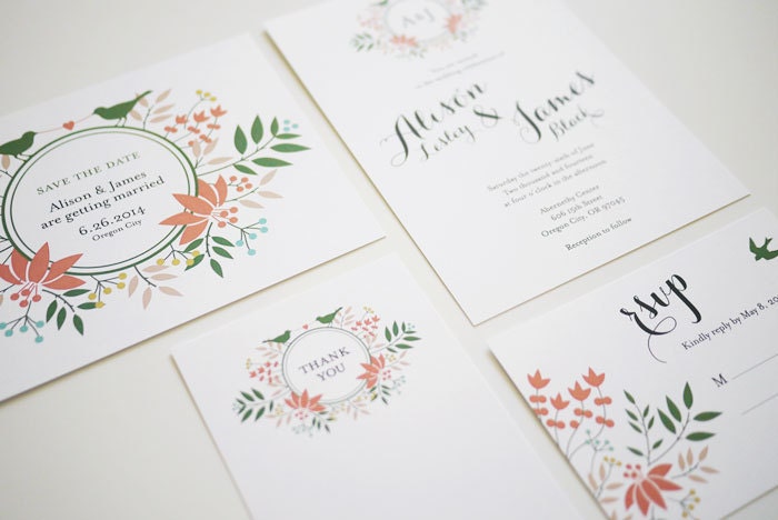 Floral Wreath Love Birds Wedding Invitation Printable Set of 4