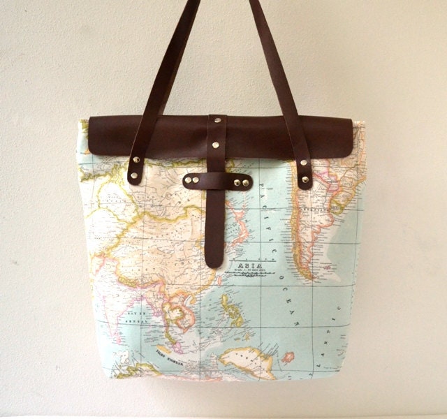 World Map Printed Fabric and Leather Tote Bag, Travel Bag, Beach Bag, Shoulder Bag, Large Tote, Diaper Bag, School-Magazine-Book Tote