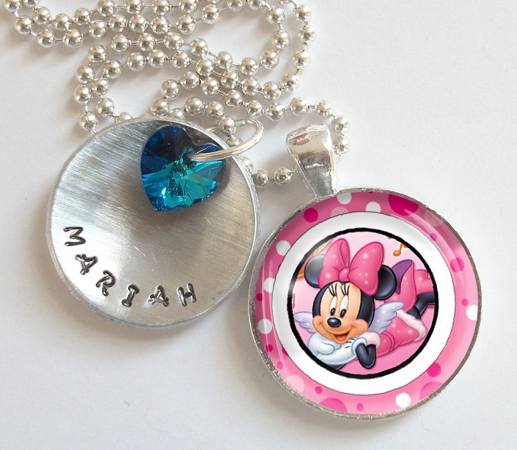 Minnie Mouse Personalized Hand Stamped Necklace Swarovski Crystal Heart  r15