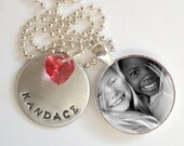 CUSTOM PICTURE Personalized Hand Stamped Necklace Swarovski Crystal Heart - Add Your Own Picture