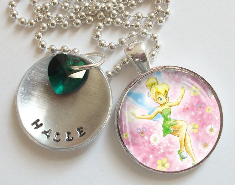 Tinker Bell Personalized Hand Stamped Necklace Swarovski Crystal Heart  r22