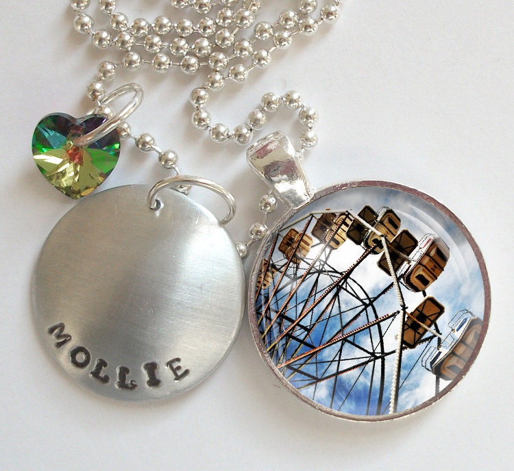 Ferris Wheel Personalized Hand Stamped Necklace Swarovski Crystal Heart  r2