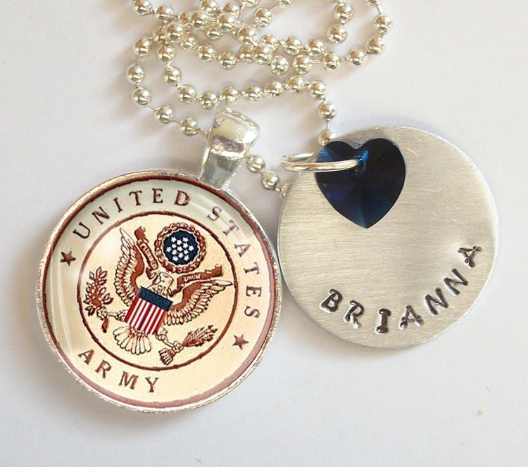 United States Army   Personalized Hand Stamped Necklace Swarovski Crystal Heart  r28