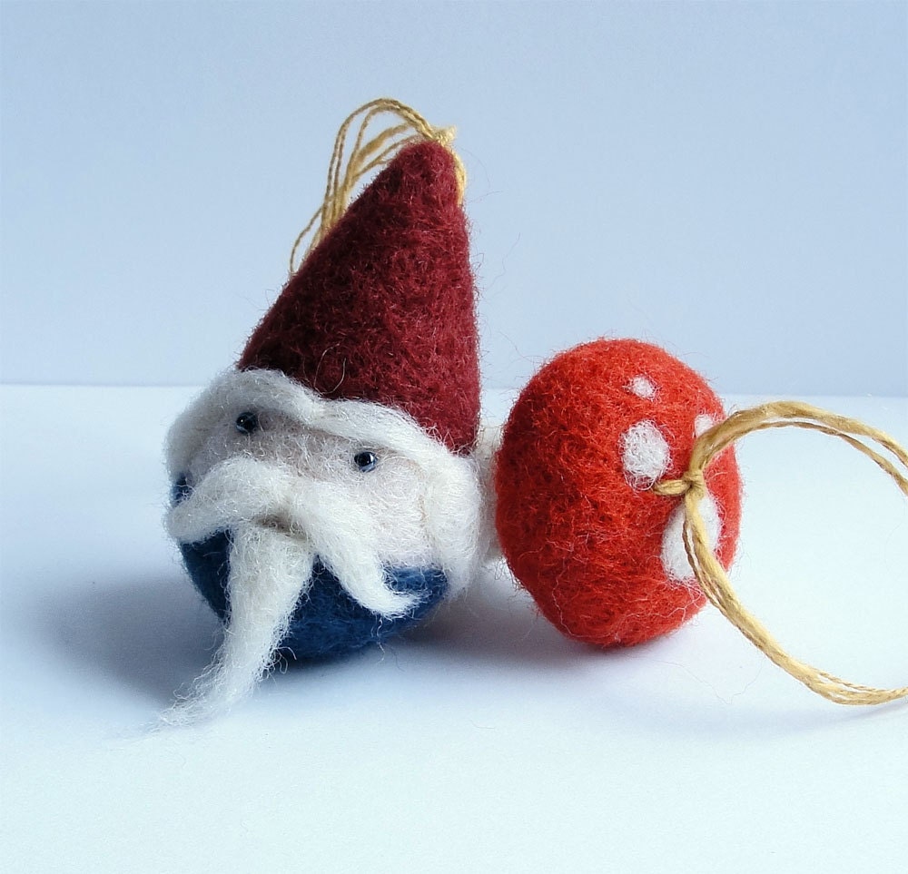 Needle felted Gnome and Mushroom Ornament Set