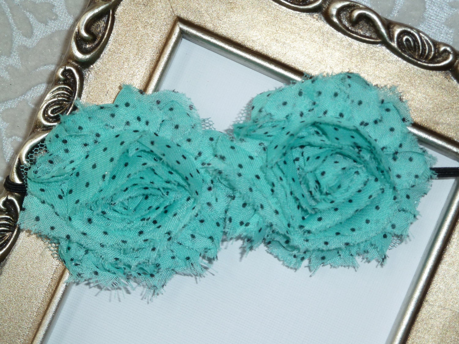 Flower Headband...Baby Flower Headband...Baby Headband...Girl Headband...Mint Green with Black Polka Dots Frayed Rosettes