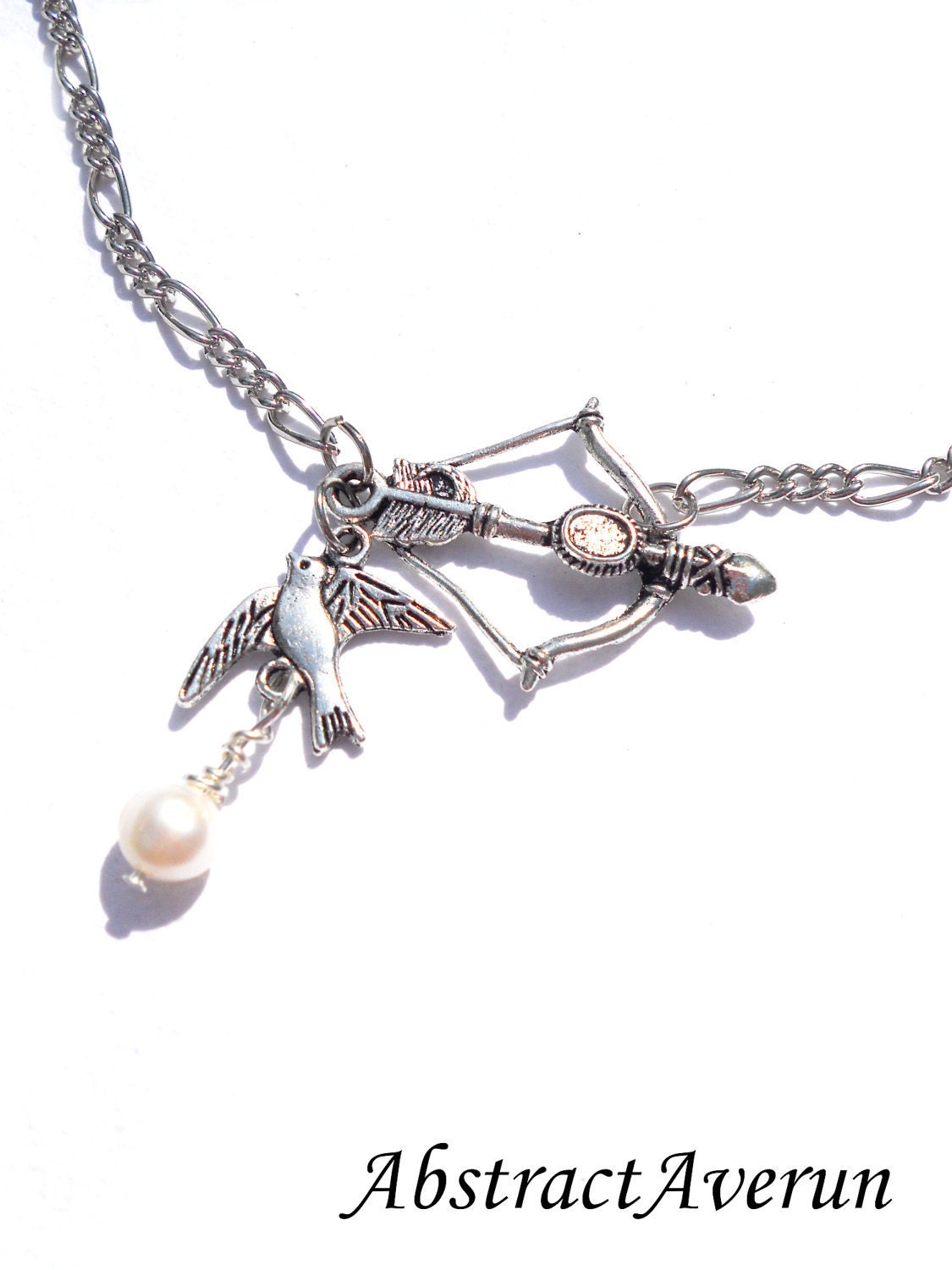 Katniss Necklace - Hunger Games Inspired - Mockingjay, Bow and Arrow Freshwater Peeta's Pearl Necklace