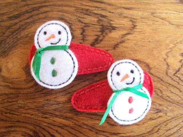 Felt Snap Hair Clip Barrette Snowman Set of Two